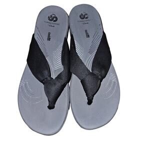 CLARKS Cloudsteppers Black Knot Fabric Wedge thong Sandals size 9